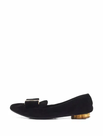 Pre-owned Ferragamo Sarno Bow Ballet Flats In Black