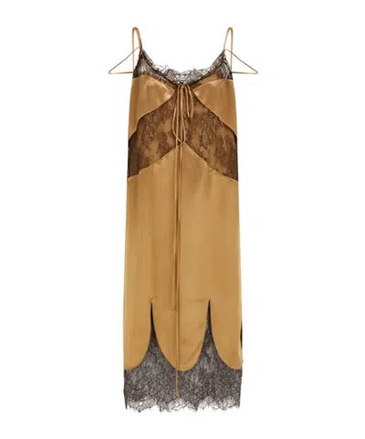 Ferragamo Satin And Lace Slip Dress In Brown