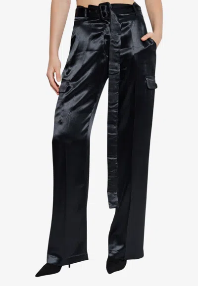 Ferragamo Satin Belted Pants In Black