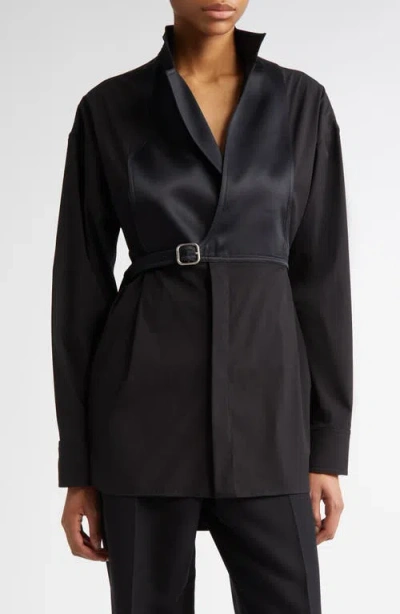 Ferragamo Satin Bib Detail Wrap Shirt In Nero