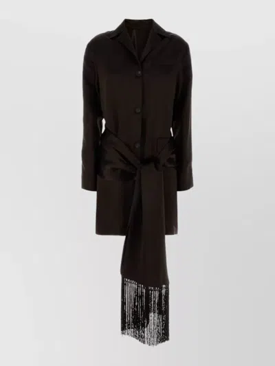 Ferragamo Satin Blazer Longline Fringe Waist Tie In Black