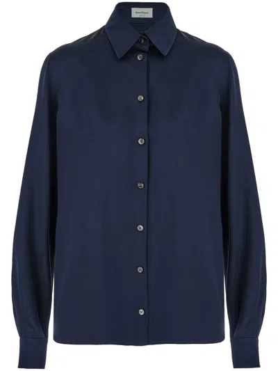 Ferragamo Satin Button-up Shirt In Blue