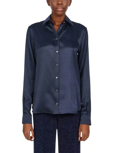 Ferragamo Satin Button Up Shirt In Blue