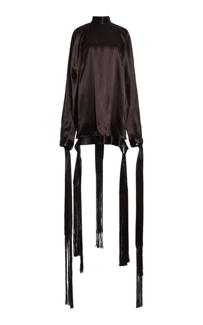 Ferragamo Satin Fringe Mini Dress In Brown