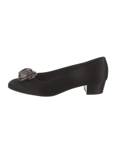 Pre-owned Ferragamo Satin Leather Trim Embellishment Pumps In Black