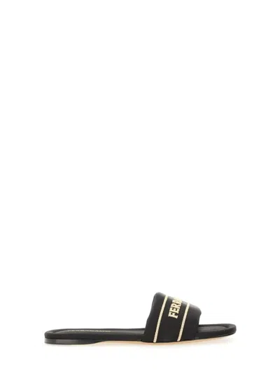 Ferragamo Satin Mules With Logo In Black