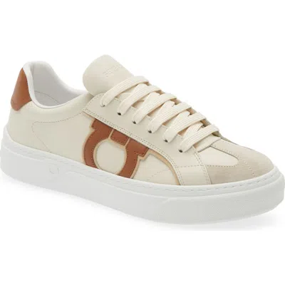 Ferragamo Sand And Mascarpone Cream Calf Leather Gancini Sneakers In White