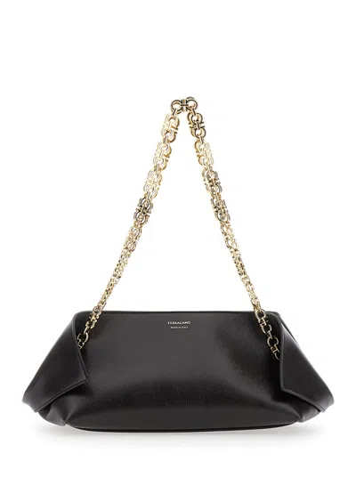 FERRAGAMO BROWN SHOULDER BAG WITH LOGO STRAP AND LOGO LETTERING ON THE FRONT IN LEATHER WOMAN