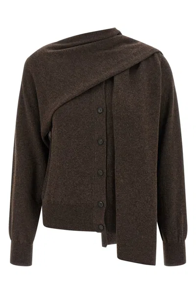 Ferragamo Draped Detail Knitwear Cardigan With Ribbed Cuffs In Brown