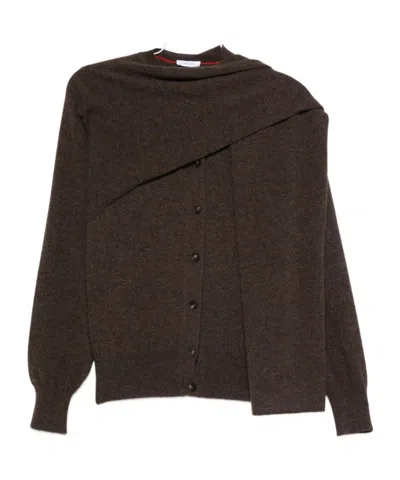Ferragamo Scarf-detailed Buttoned Knitted Cardigan In Brown