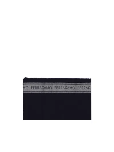 Ferragamo Scarf With Lettering Logo In Navy/grigio