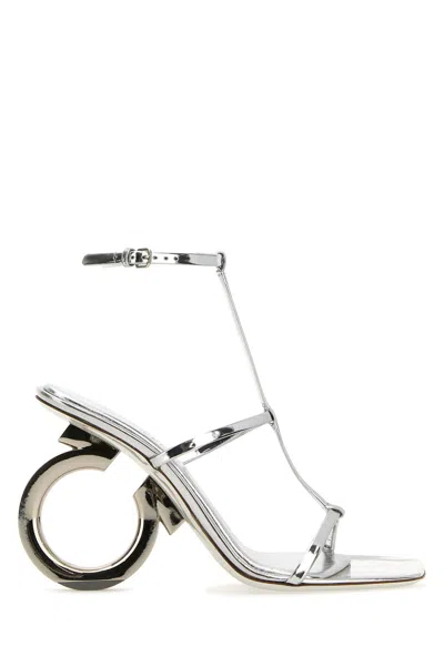 Ferragamo 'elina' Silver Sandals With Sculptural Heel In Leather Woman In Argento