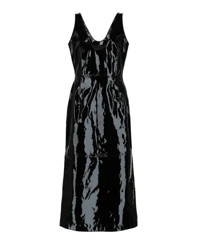 Ferragamo Scoop Neck Patent Leather Midi Dress In Black