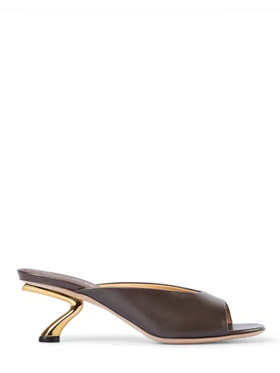 Ferragamo Sculptural Gold Kitten Heel Sandals In Brown