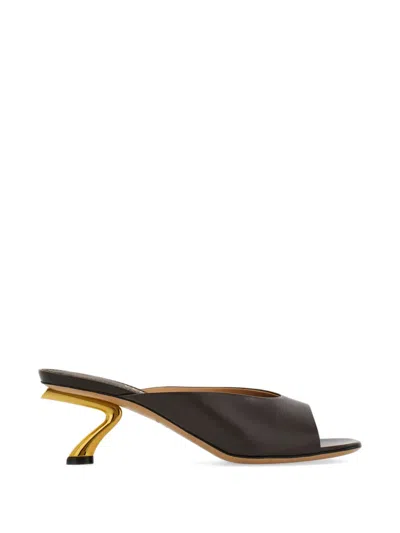 Ferragamo Sculptural Heel Slides In Brown