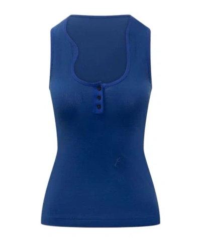 Ferragamo Sculptural Neckline F Embroidered Ribbed Top In Blue