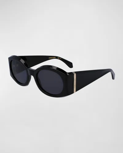 Ferragamo Sculptural Plastic Oval Sunglasses In Black/gray Solid
