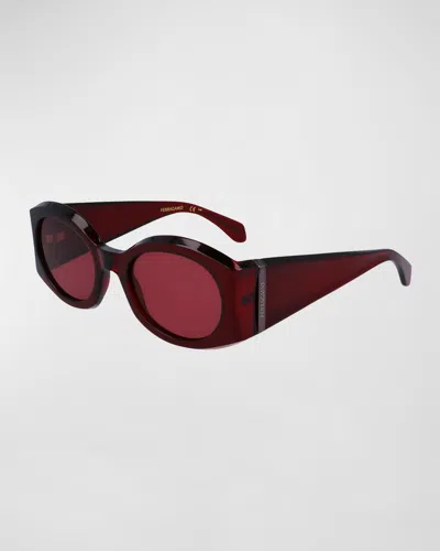 Ferragamo Sculptural Plastic Oval Sunglasses In Transparent Burgundy