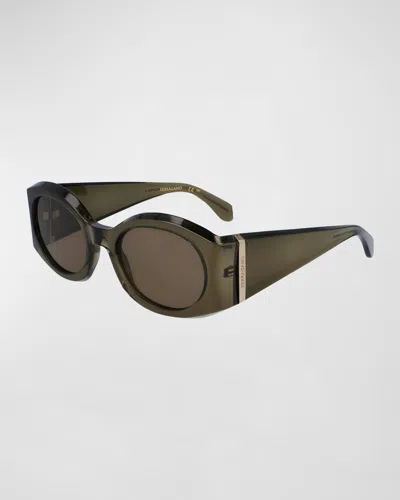 Ferragamo Sculptural Plastic Oval Sunglasses In Transparent Khaki