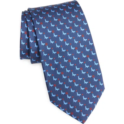 Ferragamo Seal Print Silk Tie In Blue