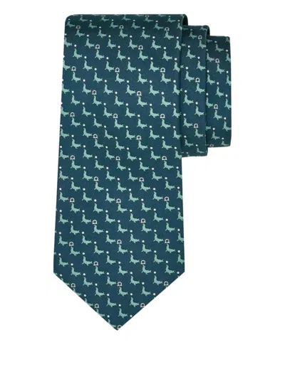 Ferragamo Seal Print Silk Tie In Green