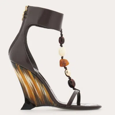 Ferragamo Selene Beaded Wedge Leather Sandals In Black