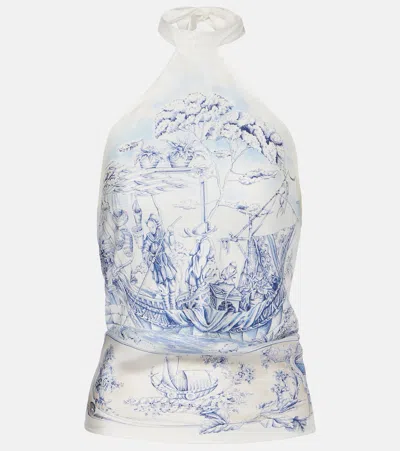 Ferragamo Top Foulard With Ethnic Print Tops Light Blue