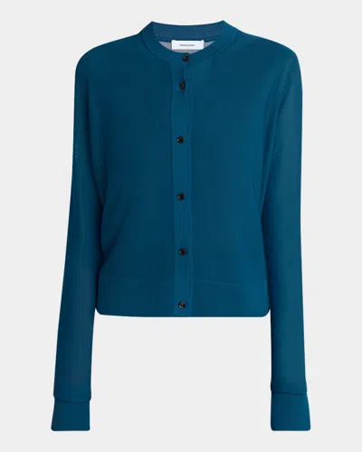 Ferragamo Semi Sheer Crewneck Cardigan In Teal Blue