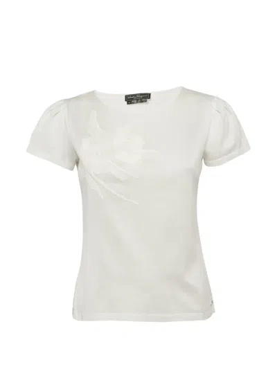 Pre-owned Ferragamo Sequin-embellished Puff-sleeve T-shirt In White