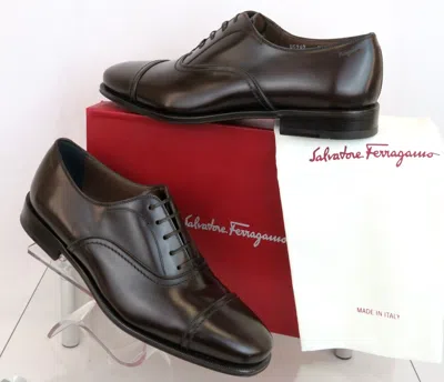 Pre-owned Ferragamo Seul Dark Brown Polished Leather Cap Toe Logo Oxfords 9 D