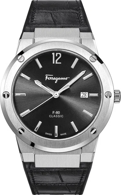 Pre-owned Ferragamo Sfdt00219 F-80 Slim Men's Quartz Watch Stainless Steel Black Dial 42mm