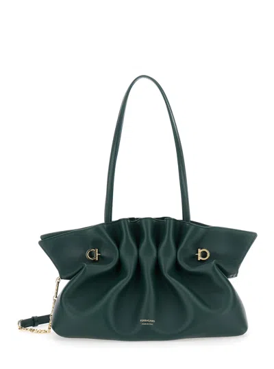FERRAGAMO DUMP GREEN MEDIUM SHOULDER BAG WITH GANCINI ON THE FRONT AND ADJUSTABLE SHOULDER STRAP IN LEATHER WO