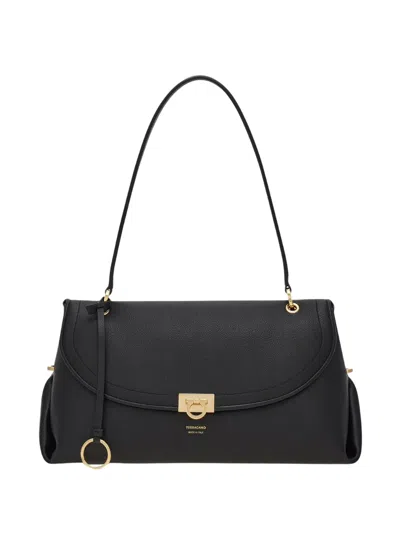 Ferragamo Sh M Sleek Structured Calf Leather Shoulder Bag In Black