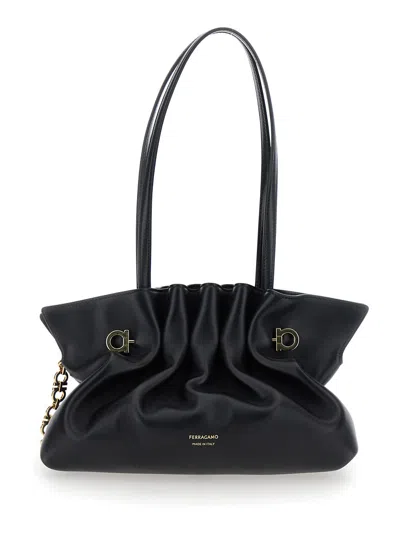 FERRAGAMO BLACK CROSSBODY BAG WITH EMBOSSED LOGO LETTERING ON THE FRONT AND GANCINI IN LEATHER WOMAN