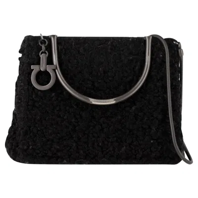 Ferragamo Sheared Top Handle Bag In Black Wool