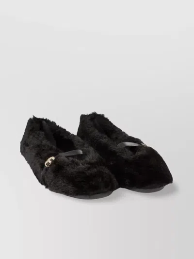 Ferragamo Shearling Ballet Flats Buckle Detail In Black
