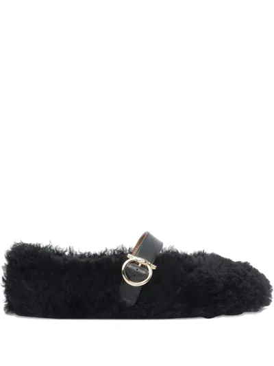 Ferragamo Shearling Buckle Flat Pumps In Black