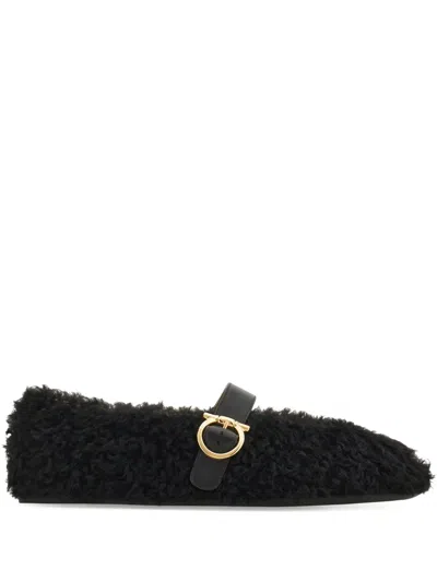 Ferragamo Shearling Buckled Ballet Flats In Black
