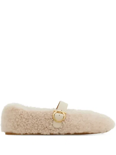 Ferragamo Shearling Buckled Ballet Flats In Neutral