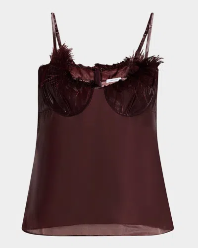 Ferragamo Sheer Camisole With Feather Trim In Oxblood