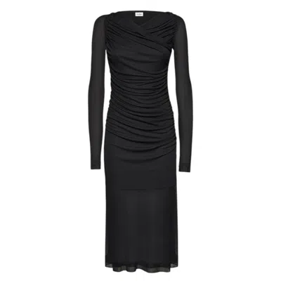Ferragamo Sheer-panels Draped Midi Dress In Black