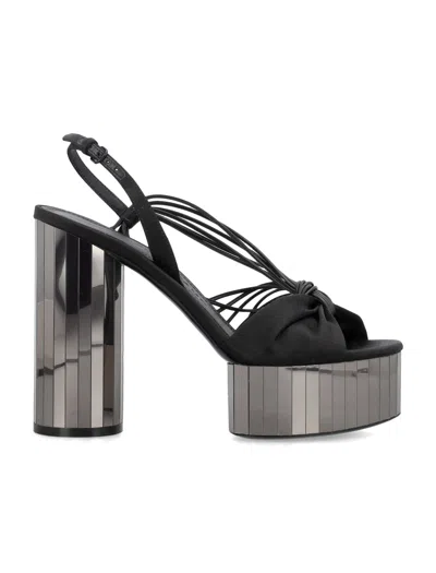 Ferragamo Shiny Satin Platform Sandals With Mirrored Heel For Women In Black