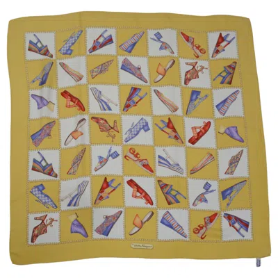 Pre-owned Ferragamo Shoe Collection Silk Scarf With Gold Border In Brown