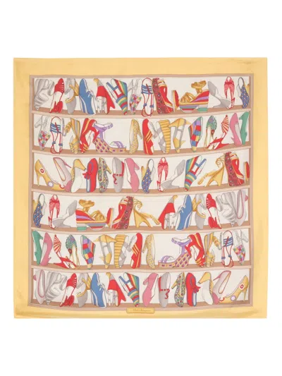 Pre-owned Ferragamo Shoe-print Silk Scarf In Yellow