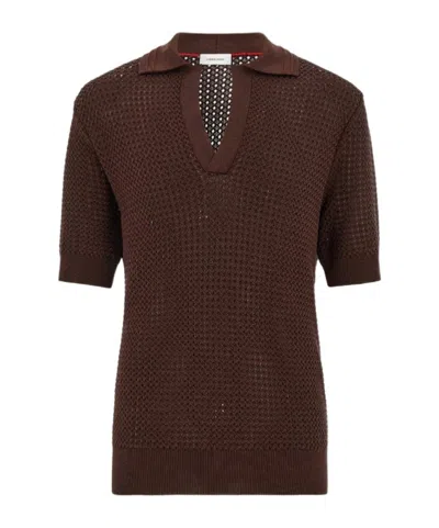 Ferragamo Short Sleeve Knitted Polo In Brown