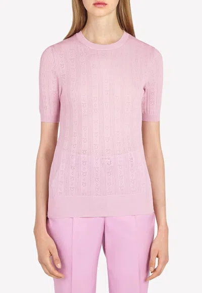 Ferragamo Short-sleeved Knit Top In Virgin Wool In Pink