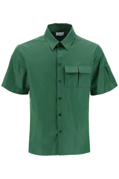 Ferragamo Short-sleeved Linen Shirt With Coated In Green