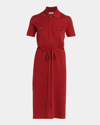 Ferragamo Short-sleeve Silk Knit Drawstring Midi Polo Dress In Red