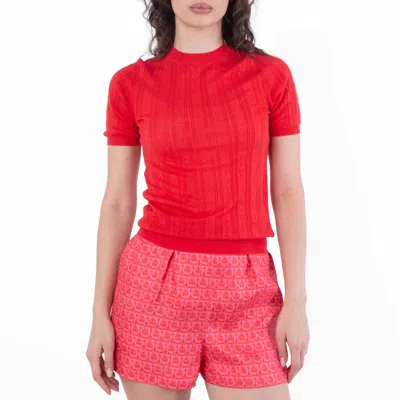 Ferragamo Short-sleeved Gancini Motif Knit Top In Orange