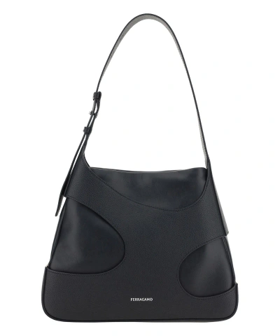 Ferragamo Calfskin Hobo Shoulder Bag With Asymmetric Cut-outs In Black